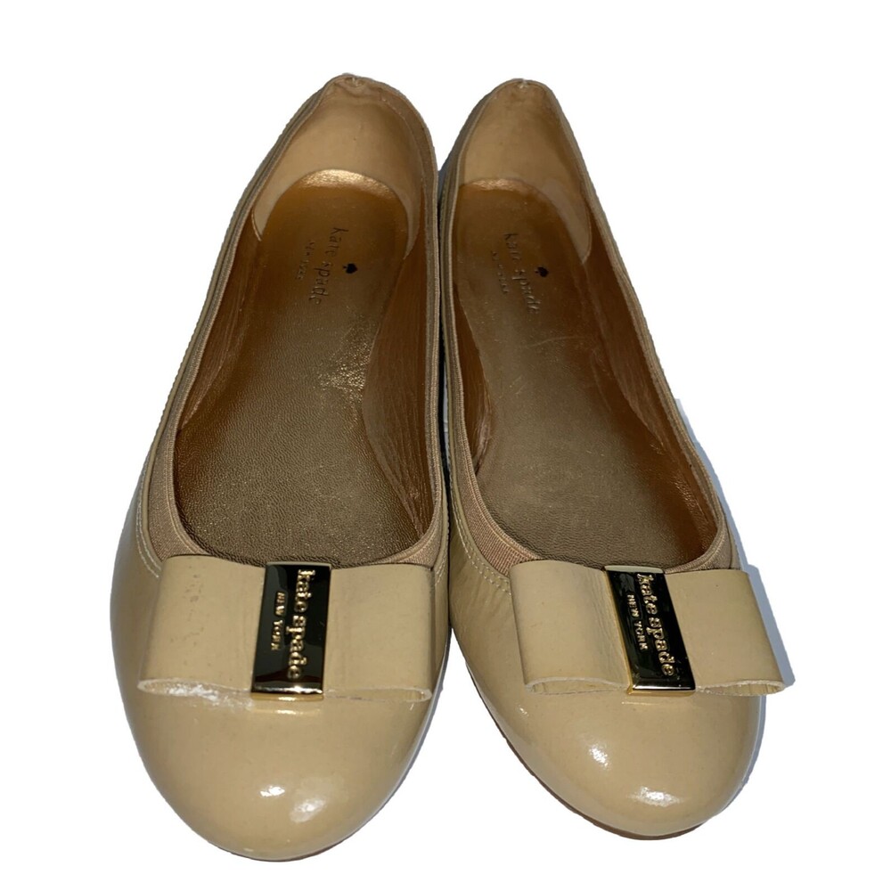 Kate Spade New York Patent Leather Ballet Flats Tan Bow Slip On Shoes 8.5 M - Picture 3 of 13